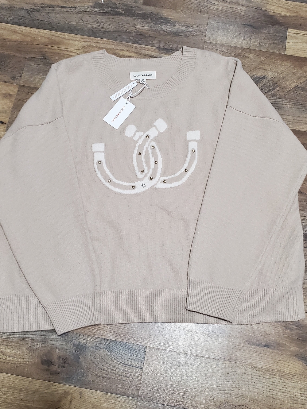 Lucky Brand Beige Crewneck Sweater with Studded Horseshoe Motif